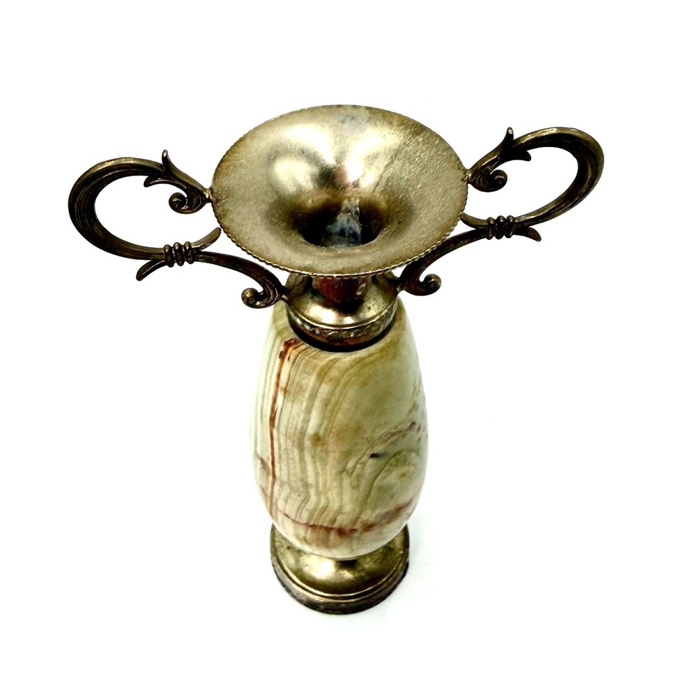 Vintage Onyx and Silver Tone Metal Small Urn Vase Dual Scroll Handles 5.5 Inch - Picture 4 of 6